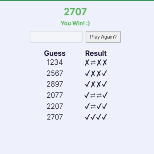 A white screen with two sections. The objective and rules are on the right side. The left side has the title Code Breaker, with a correct green guess of 7963 underneath. Below that, a gray button says Play again, and the user's previous guesses are listed below.