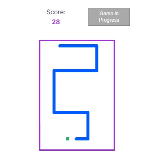 A white screen with the word Snake written across the top. The page shows a score of 8 and a game board with a purple border. Inside the board, a red line is moving towards a green dot.